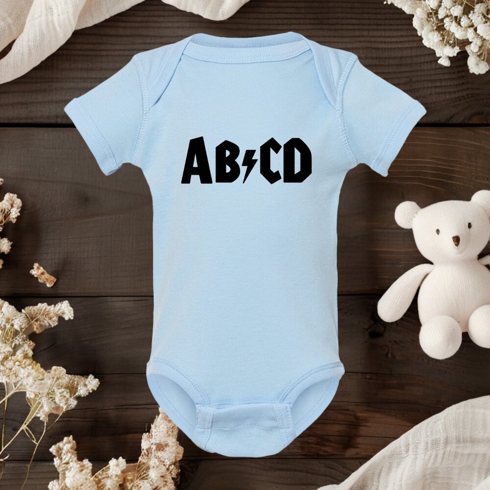 ab/cd Baby Onesie • Funny Rock Band Parody Bodysuit • AC/DC Inspired Onesie